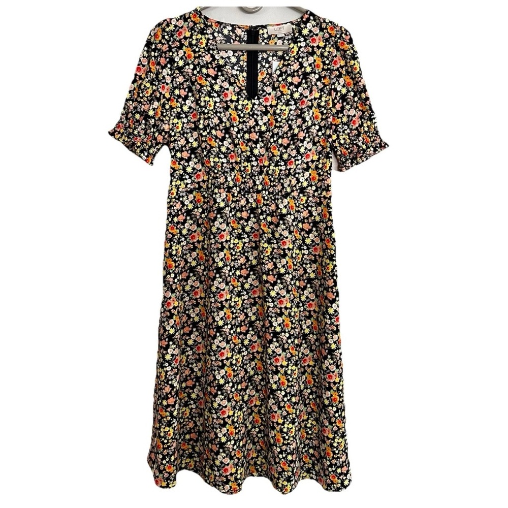 NEW LOFT Outlet Midi Floral Dress 4P Petite Wedding Guest Puff Sleeve V-neck